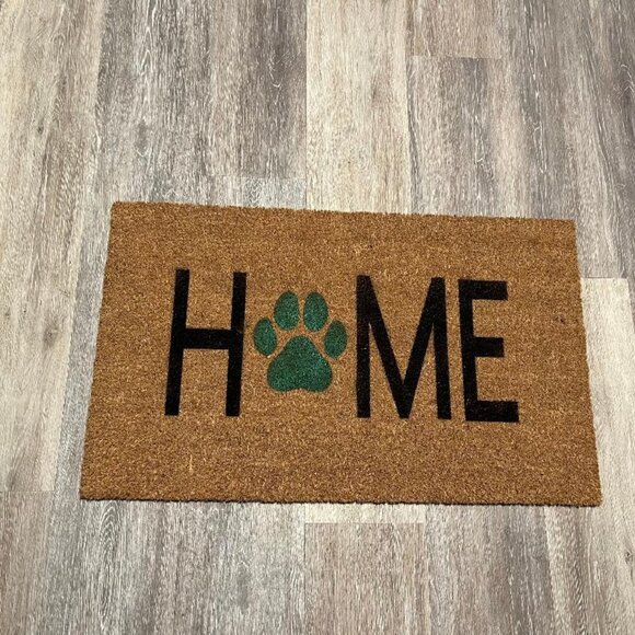 HOME with green dog paw decorative coir doormat - Picture 1 of 2